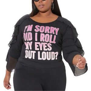 Eye Roll Graphic Tee 3X-5X with Ruffled Cutout Chiffon Sleeves (5A07.13)